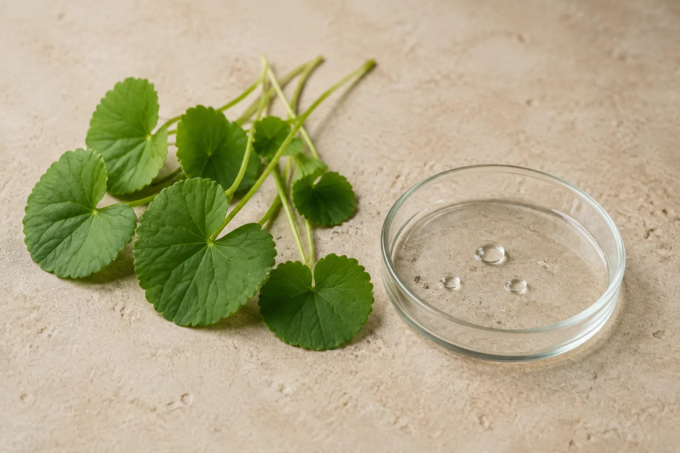 Fresh centella asiatica leaves beside a glass dish holding clear droplets of extract