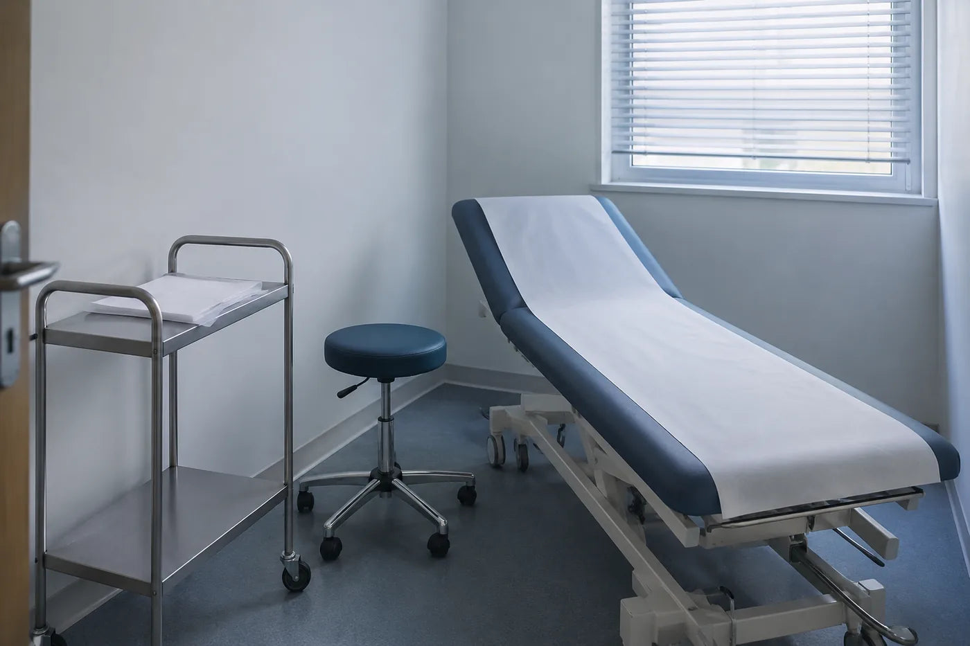 An empty clinic treatment room with a couch, stool and instrument trolley by a window