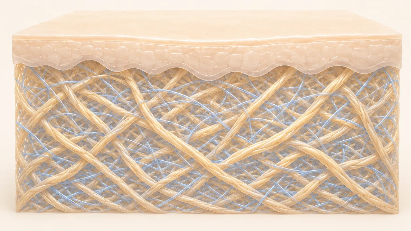 Illustration of a cross-section of skin, with a pale epidermis above a dermis filled with an evenly interwoven lattice of gold collagen fibres and finer blue elastin fibres