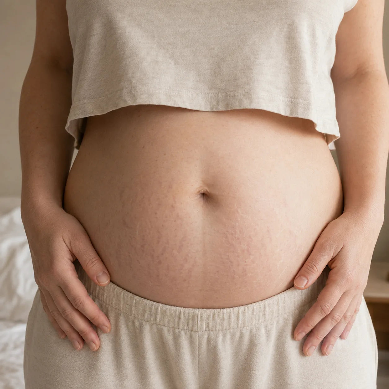 A postpartum belly with stretch marks in warm natural light, hands resting gently, in an aspirational bedroom setting.