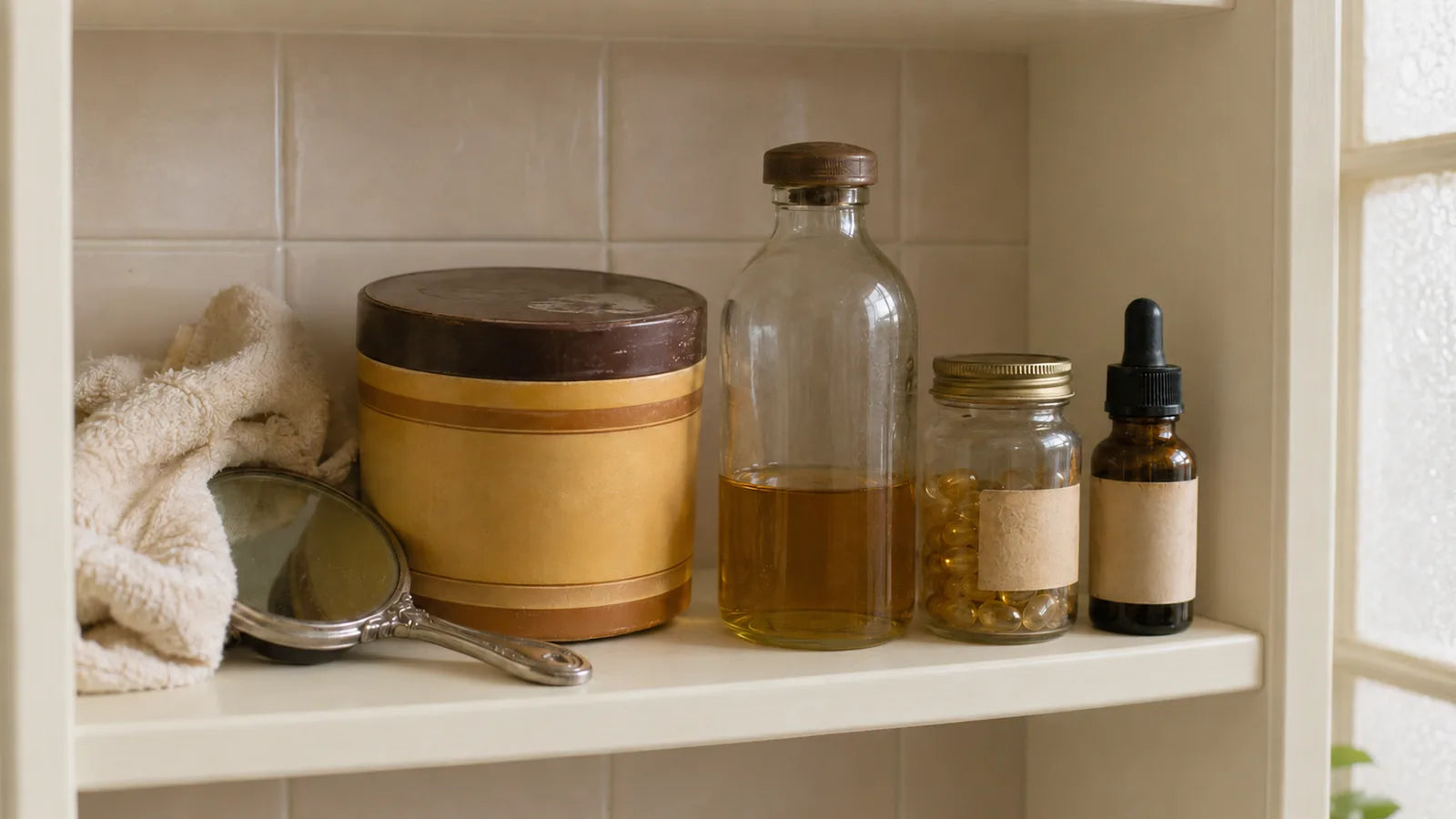 A bathroom shelf holding a tub of cocoa butter, a bottle of oil, a jar of vitamin E capsules, and a small dropper bottle in soft natural light.