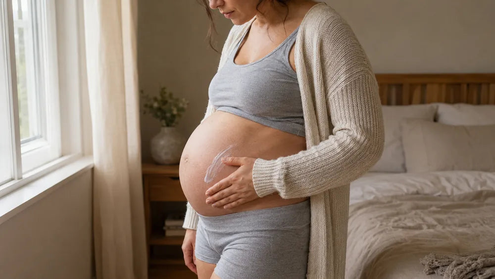 Pregnant person gently resting a hand on their bump